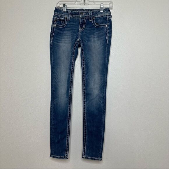 Miss Me Jeans Size 26 Signature Skinny Low Rise Flap Pockets Embroidered Biker - Picture 9 of 12